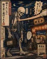 Pôster com Citação de Salaryman Esqueleto em Estilo Ukiyo-e