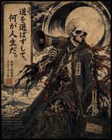 Pôster com Citação de Salaryman Esqueleto em Estilo Ukiyo-e