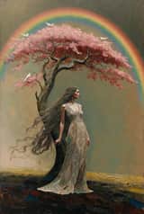 Pintura a óleo ultracinematográfica de mulher e árvore