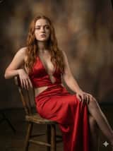 Ultra-Realistic Cinematic Portrait of Sadie Sink in Red Satin Gown