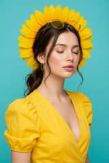 Ultra-Realistic Commercial Portrait with Yellow Dress and Turquoise Background