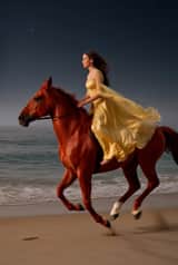 Video prompt of a lady riding a flying horse on the seashore