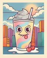 Skurriler Cartoon-Milchshake mit Stadtsilhouette im Hintergrund