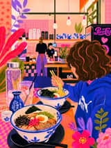 Illustrations fantaisistes de salons et de cafés