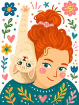 Illustration fantaisiste d'une jeune fille et d'un chaton peinte à la main