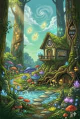 Illustration de cottage forestier féerique