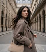 Mulher ao vento usando um trench coat em uma rua europeia