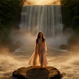 Woman at Waterfall Sunrise Video Prompt