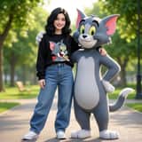Mulher posando com um gato Tom em tamanho real