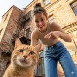 Urbanes Katzenporträt aus der Froschperspektive