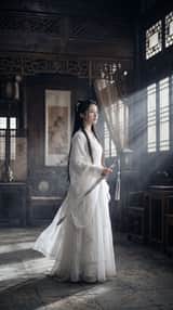 Épéiste Wuxia cinématographique dans une chambre éclairée à la bougie