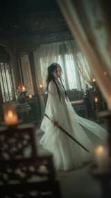 Épéiste Wuxia cinématographique dans une chambre éclairée à la bougie