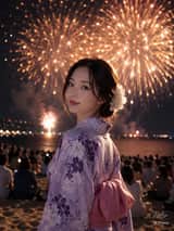 Yukata japonês elegante em festival de fogos de artifício na praia