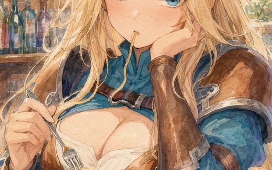 Héroïne fantastique à l'aquarelle dans un café à pâtes