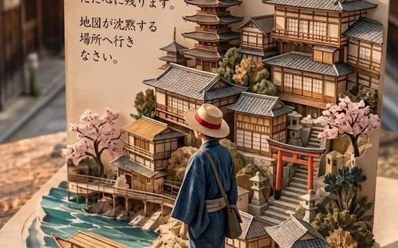 A highly detailed 3D pop-up postcard diorama of Kyoto, Japan