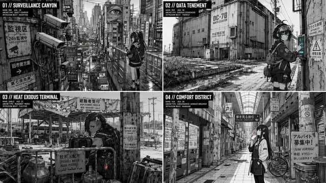 2x2 grid, 16:9, 4 AI inferred dystopian subjects,topics