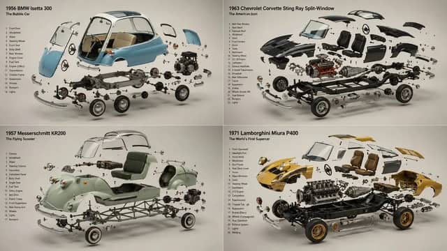 2x2 grid, 16:9, do this for 4 unusual classic cars that were