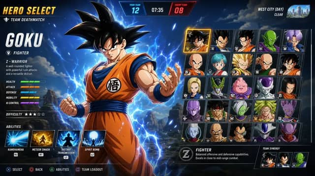 Create a premium hero-selection interface for a fast-paced