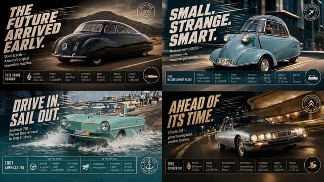 2x2 grid, do this for 4 classic unusual cars that were real