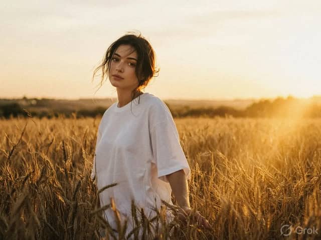Warm golden hour film portrait, young woman walking slowly