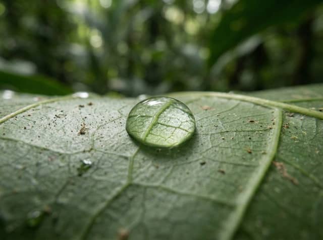 Scientific Macro Documentary Photography Prompt for Water Droplet on Leaf