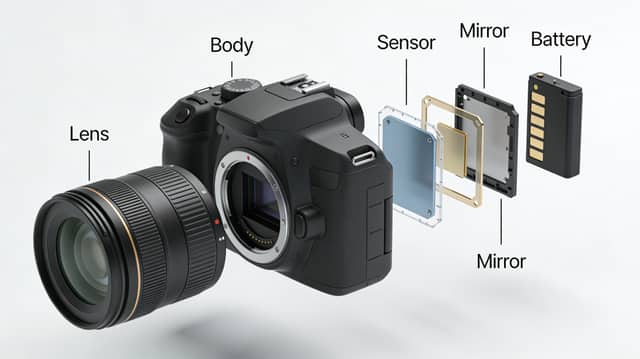 Exploded View DSLR Camera Illustration