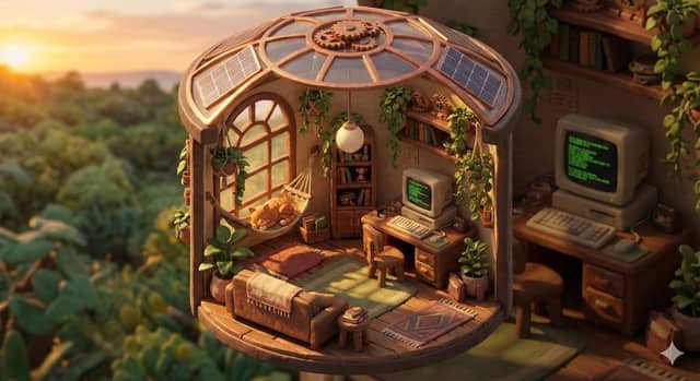 Isometric Solarpunk Cozy Room Diorama Prompt