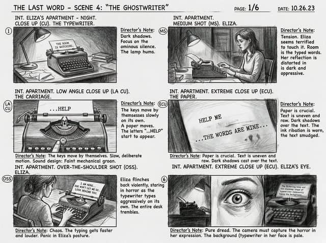Storyboard cinematografico a sei pannelli