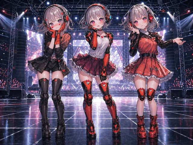 Três garotas androides ídolos em um palco de show