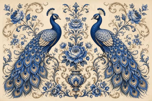 Illustrazione botanica vintage con pavone