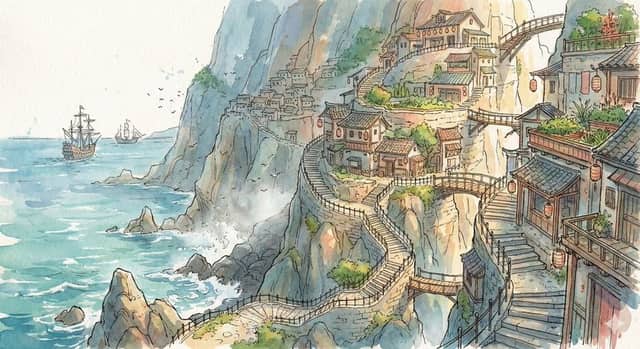 Ilustración de un pueblo en un acantilado en acuarela