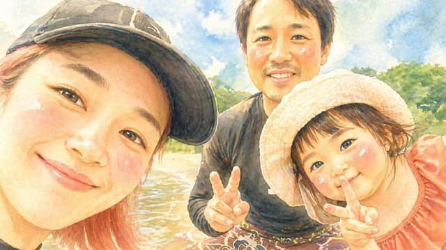 Selfie de família em aquarela à beira do rio