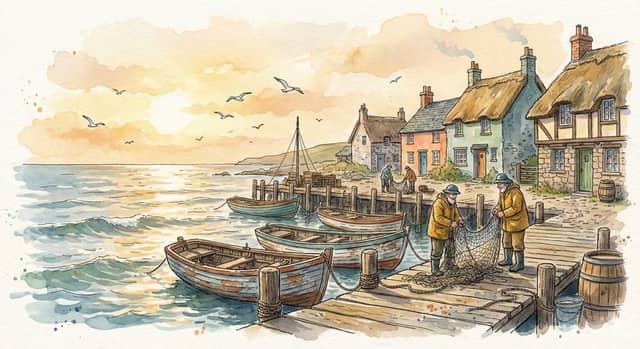 Ilustração em Aquarela de uma Aconchegante Vila Portuária à Beira-Mar