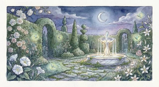 Ilustración en acuarela de un jardín mágico a medianoche