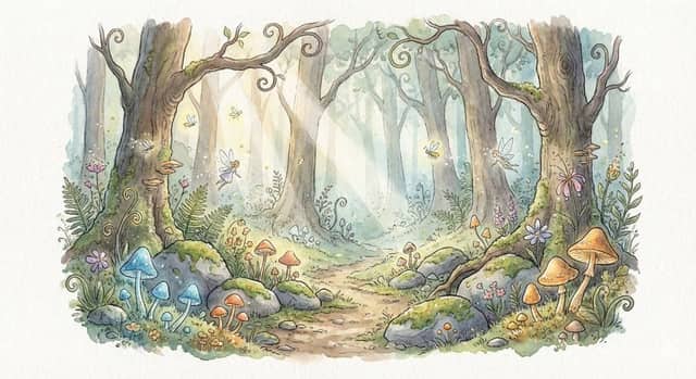 Ilustración en acuarela de un claro de bosque encantado al amanecer