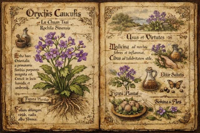 Western Manuscript Style Illustration for 'Orychophragmus violaceus'
