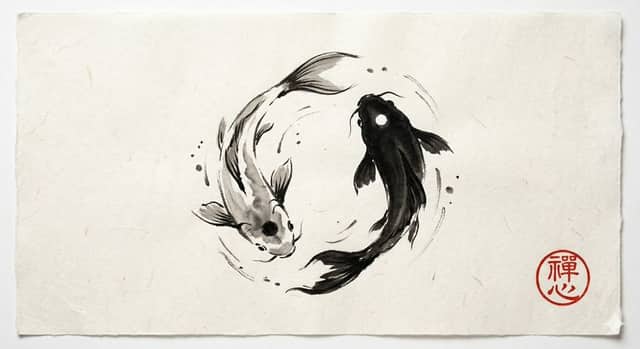 Yin ve Yang Koi Balığı Sumi-e İstemi