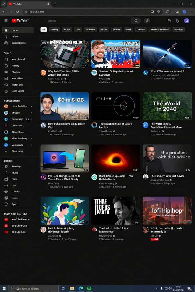YouTube Dark Mode Desktop UI Mockup reference