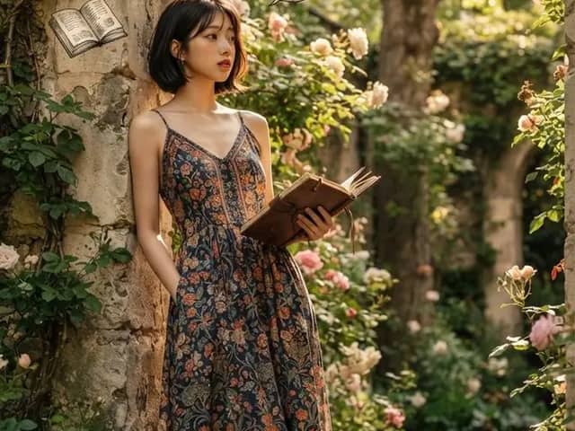 A serene literary escape amidst blooming garden ruins