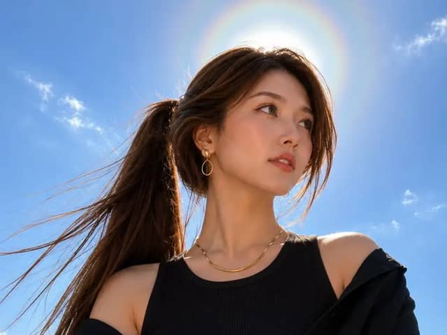 A stunning ultra-realistic low-angle portrait of a beautiful