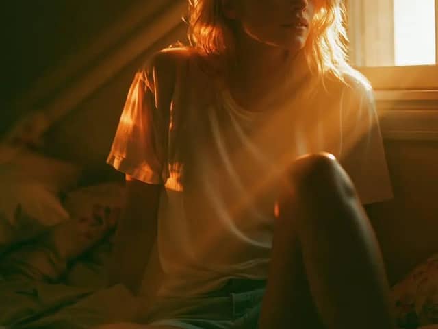 Photorealistic bedroom scene in warm late-afternoon sunlight