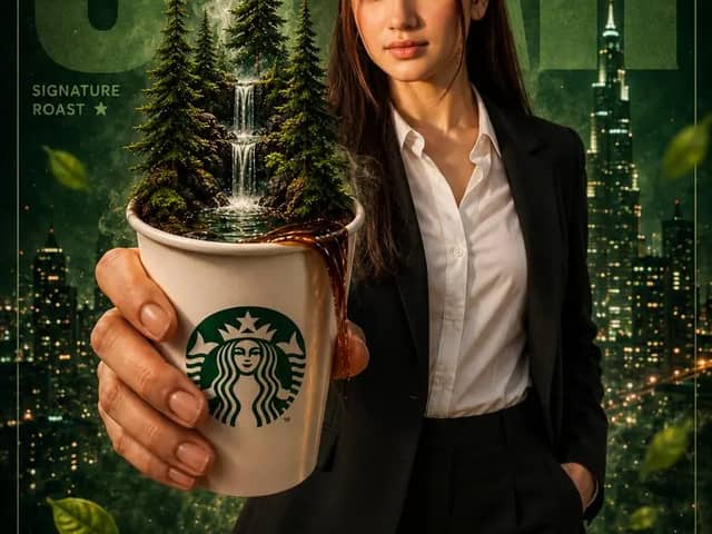 A premium cinematic Starbucks-style coffee advertising