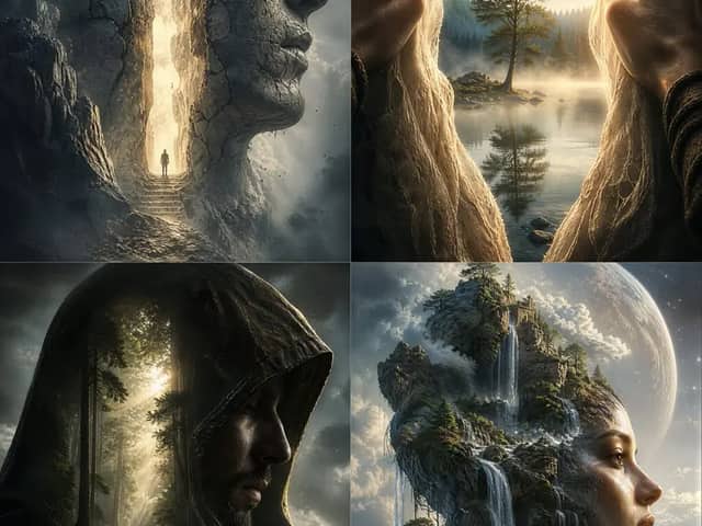 Create a same-series four-panel cinematic surreal fantasy