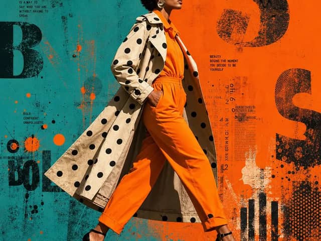 A stylish woman with a short, textured afro strides