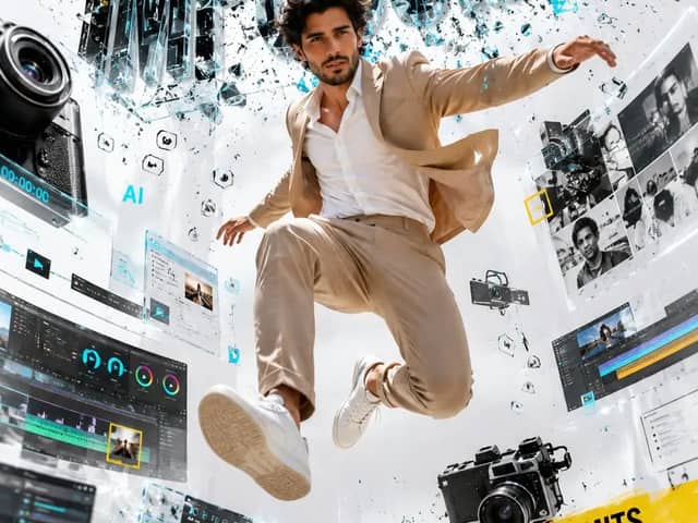 A digital creator jumping through giant floating creative