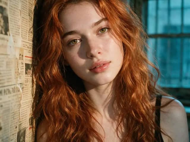 Portrait of a young woman with long tousled copper-red wavy