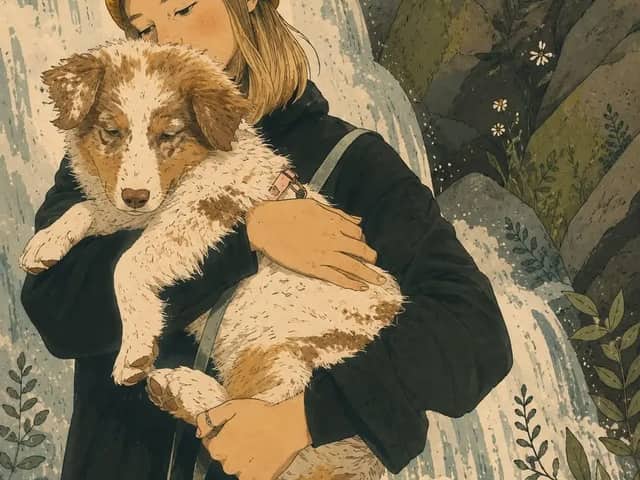 Whimsical storybook illustration of a young woman with short