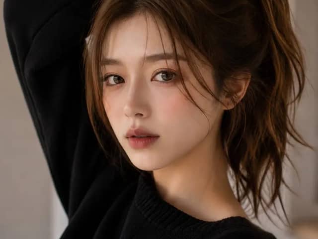 A cinematic close-up beauty portrait of a young woman