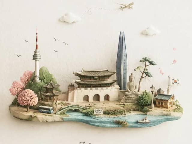 Create a narrow floating landscape strip featuring tiny