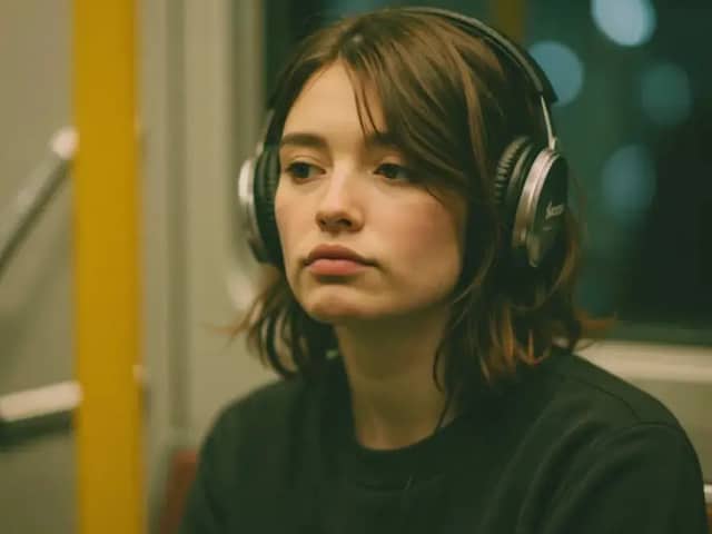 Photorealistic cinematic portrait of a young woman sitting